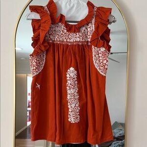 Mi Golondrina Burnt Orange Ruffle Embroidered Blouse